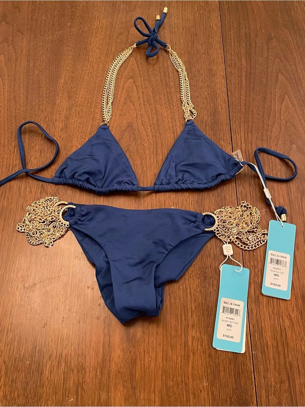 NWT beach bunny bikini Gold Chain Accent Navy Triangle Bikini Set - Women Swim - Picture 9 of 9
